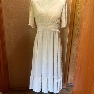 Cream Pleated Midi Sundress with Flutter Sleeves